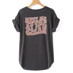 Letters MEET ME AT THE OCEAN Print Short Sleeve T-Shirt - Dark Grey - View 1