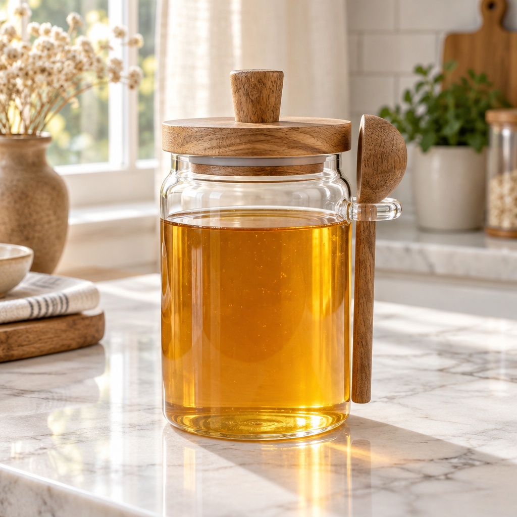 Glass Storage Jar With Acacia Wood Lid And Spoon, Airtight