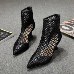 High-heeled Net Boots Women's Hollow Pointed High-heeled Net Yarn Breathable Stiletto Ankle Boots Cool - Black - View 1