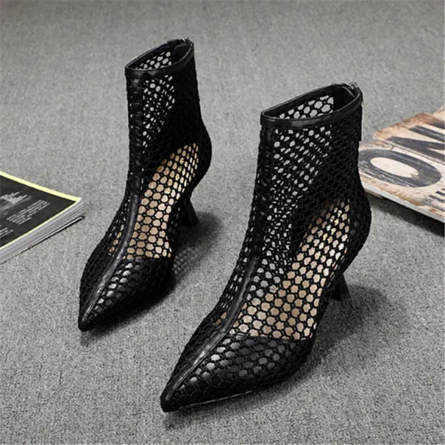 High heeled Net Boots Women's Hollow Pointed High heeled Net Yarn Breathable Stiletto Ankle Boots Cool Black - Shop at LoveMi
