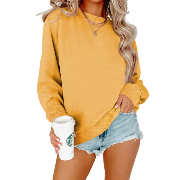 Solid Color Crew Neck Coat Long Sleeve Hoodie Yellow - Shop at LoveMi