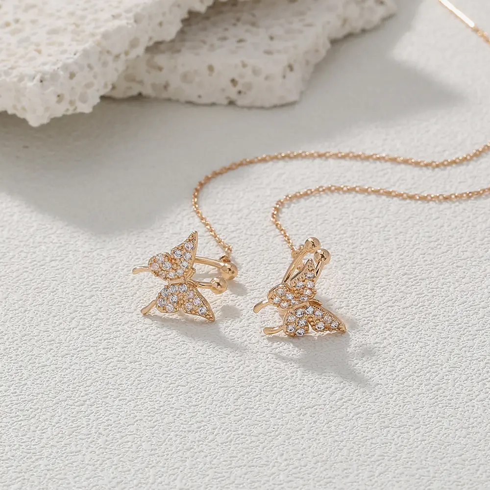Cross Border Jewelry Wholesale Niche Design Copper Micro Inlaid Zircon Butterfly Ear Bone Clip Long Tassel Ear Line Fashion Versatile Earrings