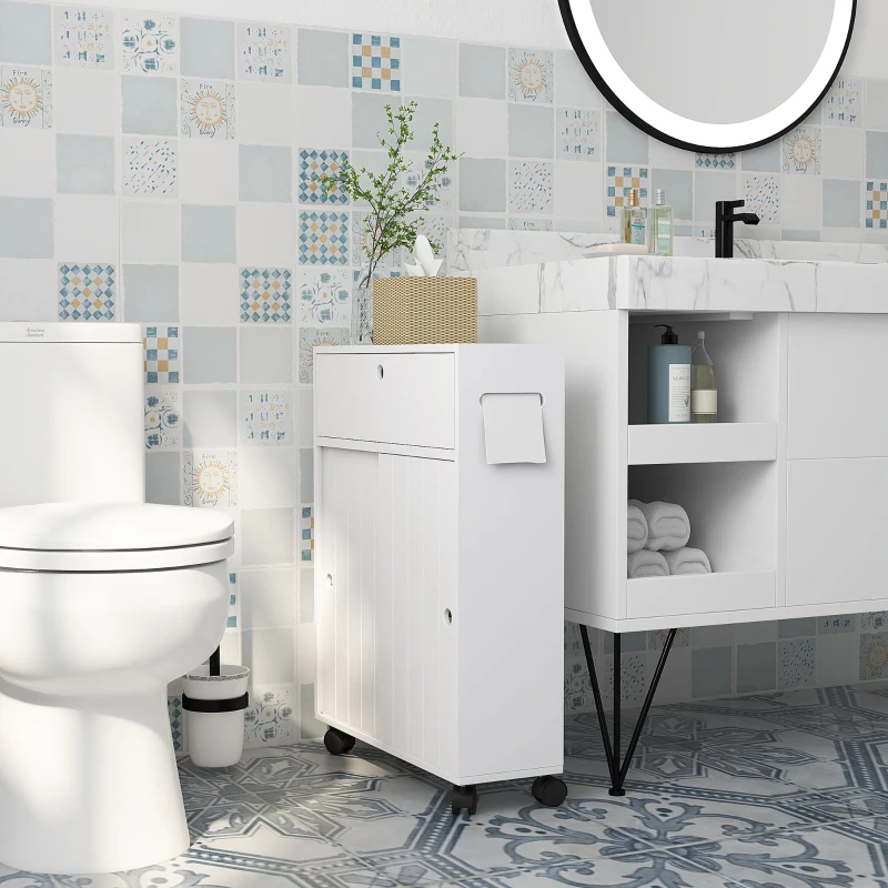 Kleankin Toilet Paper Cabinet, Slim Bathroom Cabinet With 4 Rolling Wheels, Small Bathroom Storage Cabinet With Paper Holes, Sliding Doors And Adjustable Shelf For Small Space, White