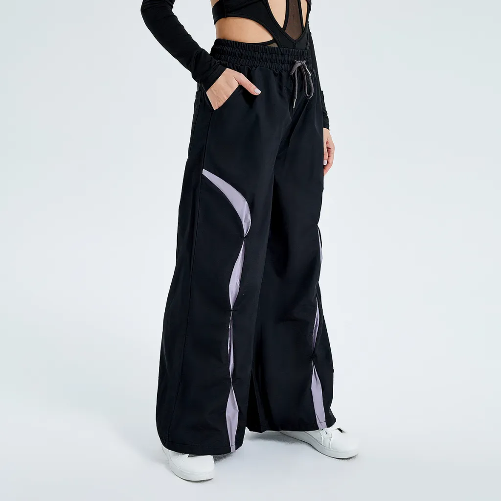 Sports Fashion High Waist Lace-up Color Contrast Breasted Loose Casual Woven Pants - Black