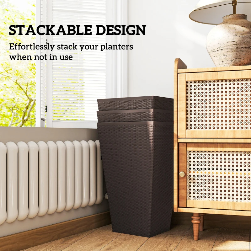 Set Of 3 Tall Planters With Drainage Hole, 24 Outdoor Flower Plant Pots, Indoor Planters For Porch, Front Door, Entryway, Patio And Deck, Brown