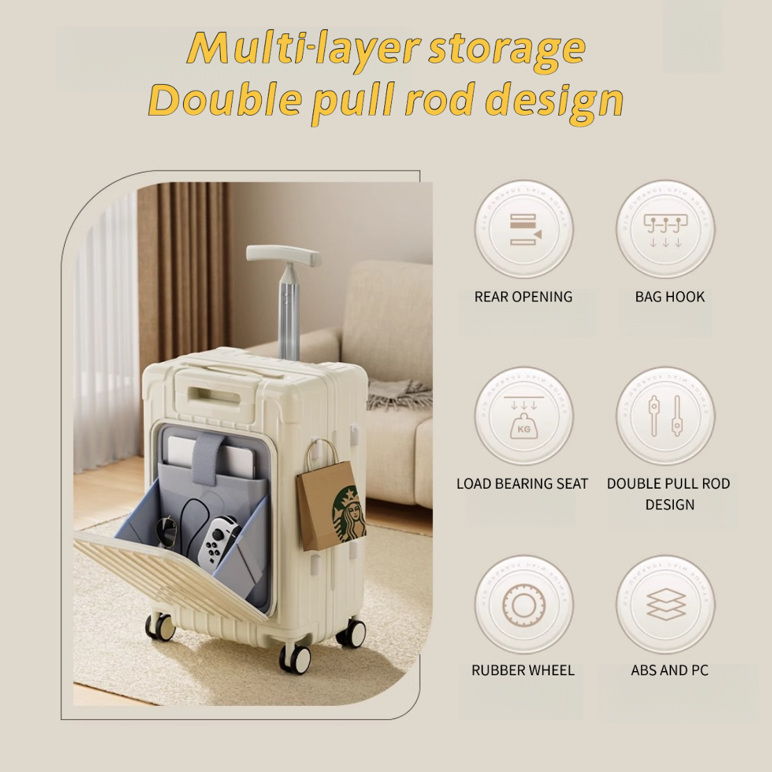 20 Inch Double Pull Rod Design Luggage Case, Can Be Seated, Front Open Lid Luggage Compartment, Silent Universal Wheels, Dry Wet Separation, T-shaped Pull Rod Travel Box — foto 5