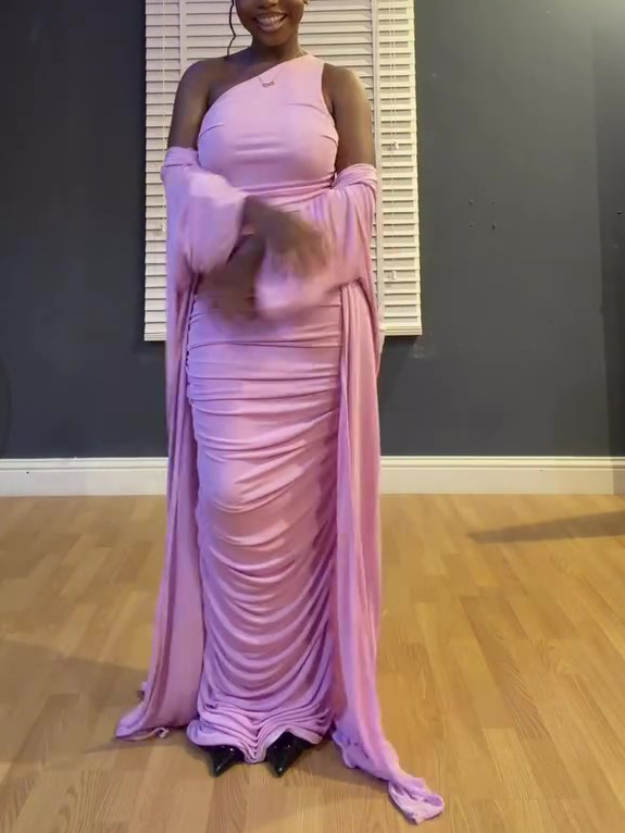 Draped Ruched One Shoulder Maxi Dress & Matching Shawl 2-Piece Set