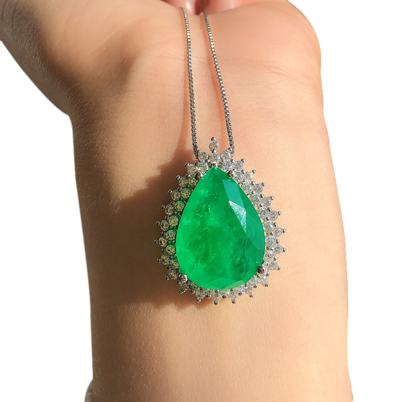 Light Luxury Water Drop Pendant Necklace For Women, Paraiba Tone Simulated Zirconia Clavicle Chain Full Pave Rhinestone Thin Chain Fashion Neck Jewelry — view 4