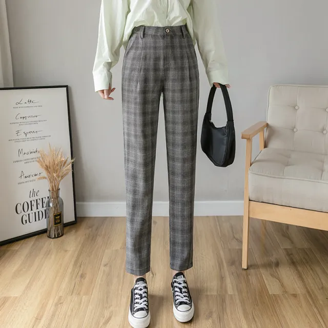 Women's New Spring And Autumn Plaid Casual Pants High Waist Grey - Shop at LoveMi