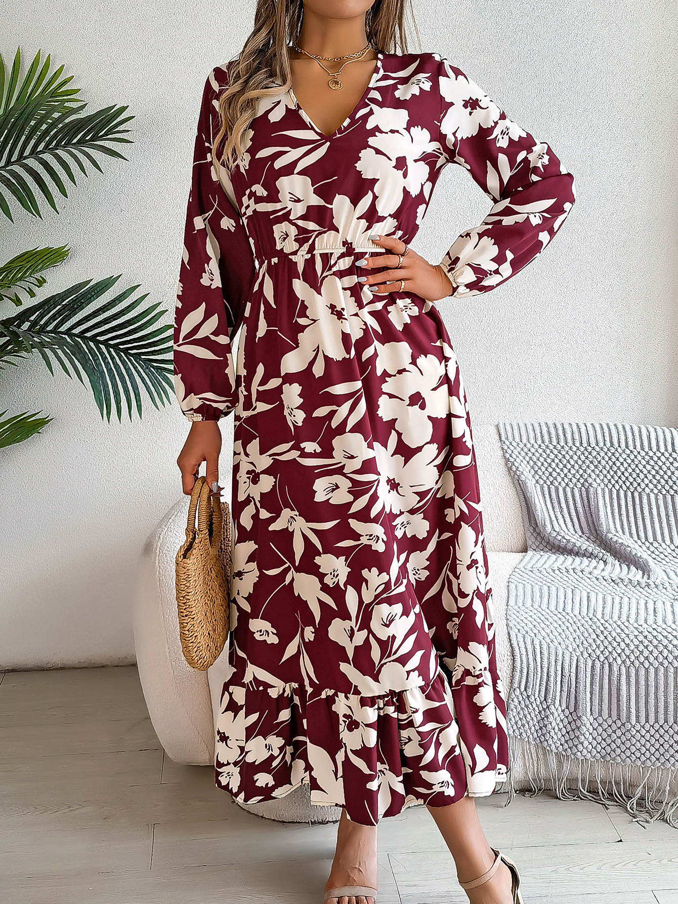 Women's Casual Floral Print Tie Waist Long Sleeve Ruffle Dress