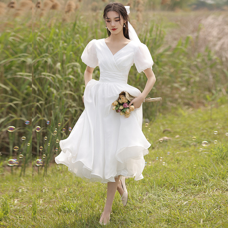 Temperament V neck French Birthday Travel Light Wedding Dress White - Shop at LoveMi