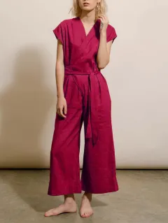 Solid Colour Loose Linen Lace-Up Fashion Casual Pants - Red - View 1