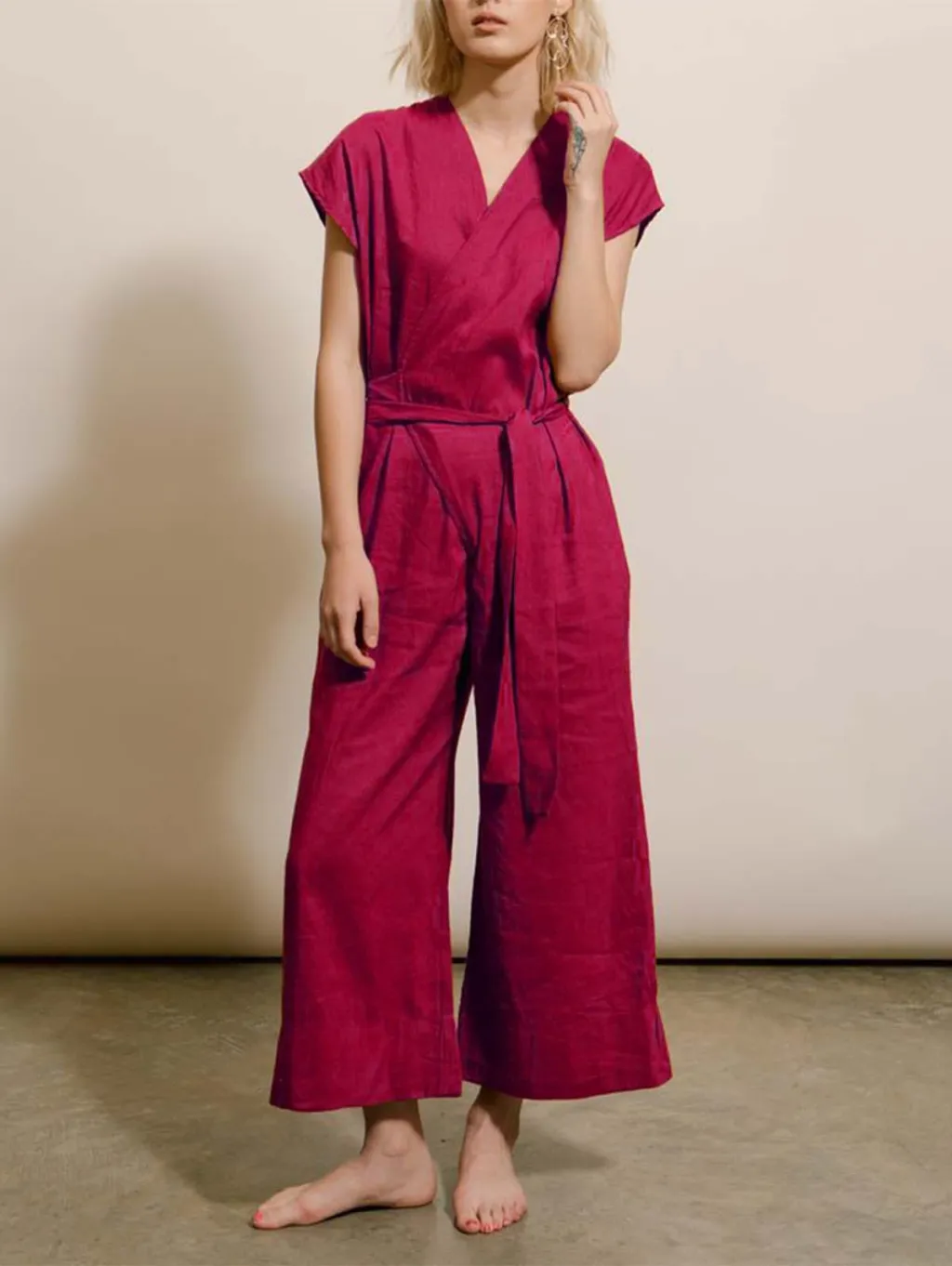 Solid Colour Loose Linen Lace-Up Fashion Casual Pants - Red