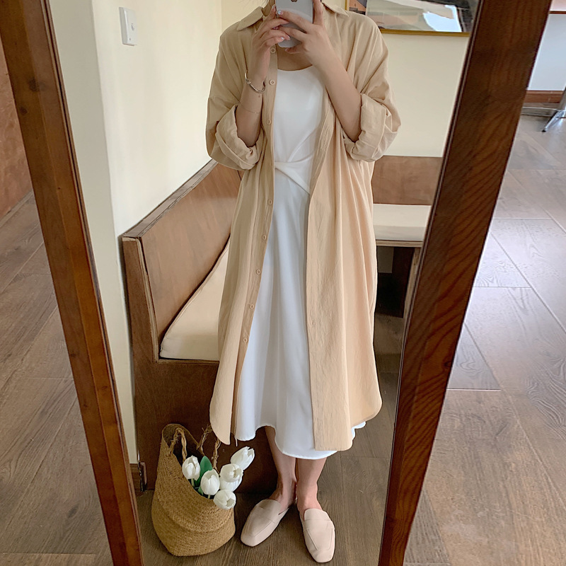 Lazy Style Simple Long Knee-length Shirt Solid Color Lapel Cardigan Sunscreen Shirt