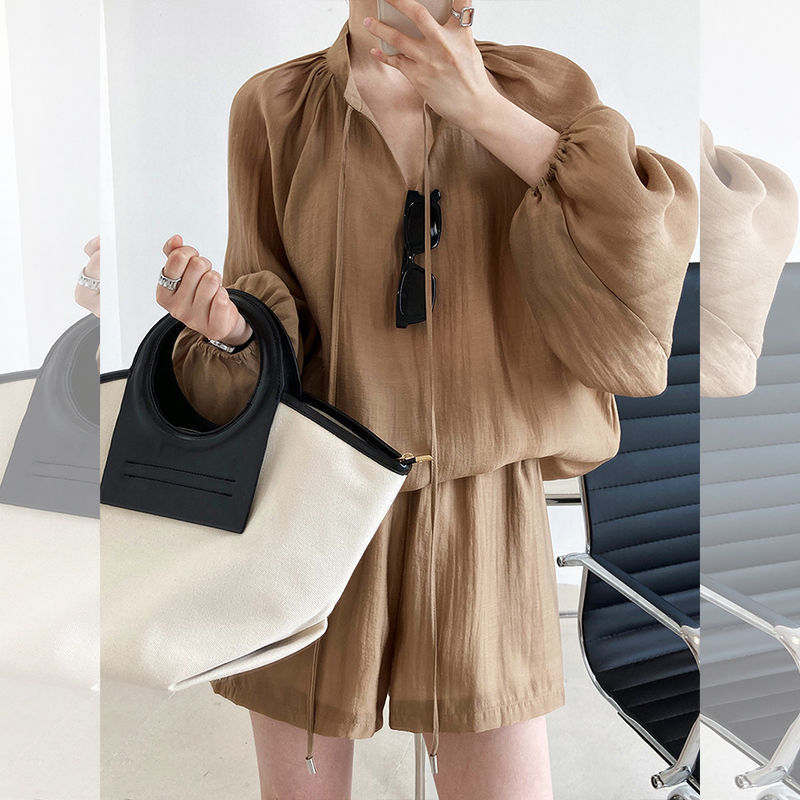 Women's Fashion Simple Lantern Sleeve Long-sleeved Shirt Shorts Two-piece Set