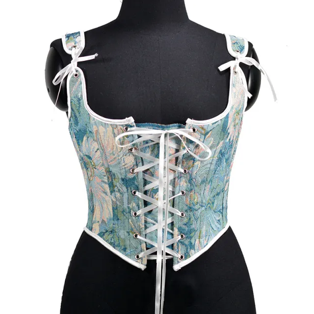 Embroidered Front Tie Straps Herringbone Corset Girdle Blue - Shop at LoveMi