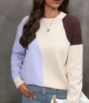 Sweater Pullover Personality Stitching Color Matching Large Size Slim Bottoming Sweater Purple - Shop at LoveMi