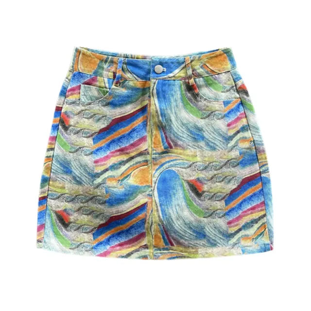 Women's High Waist A line New Summer Printed Denim Skirt Blue Oil Painting - Shop at LoveMi