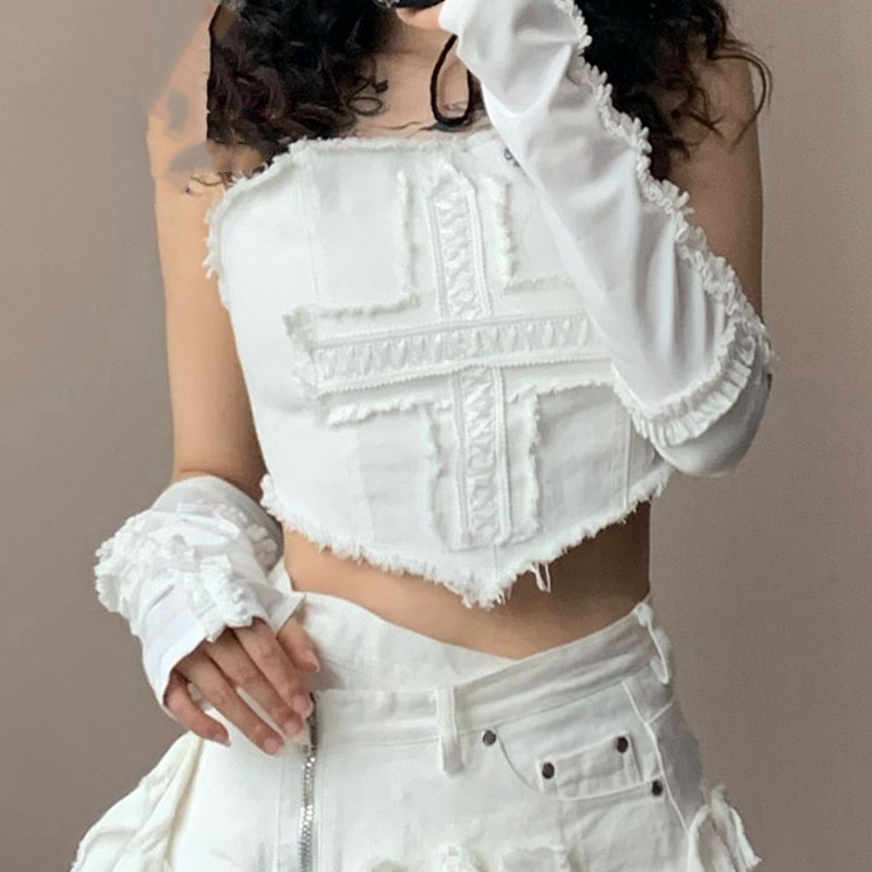 Denim Frayed Cross Ladies Lace-Up Vest