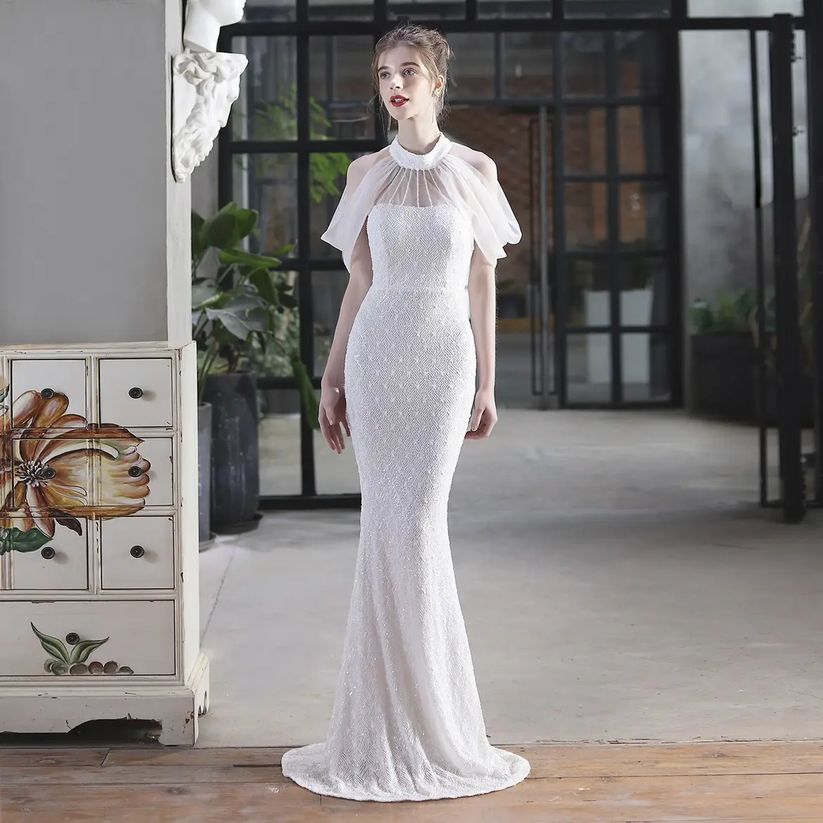 Net Yarn Halter Fishtail Performance Evening Dress