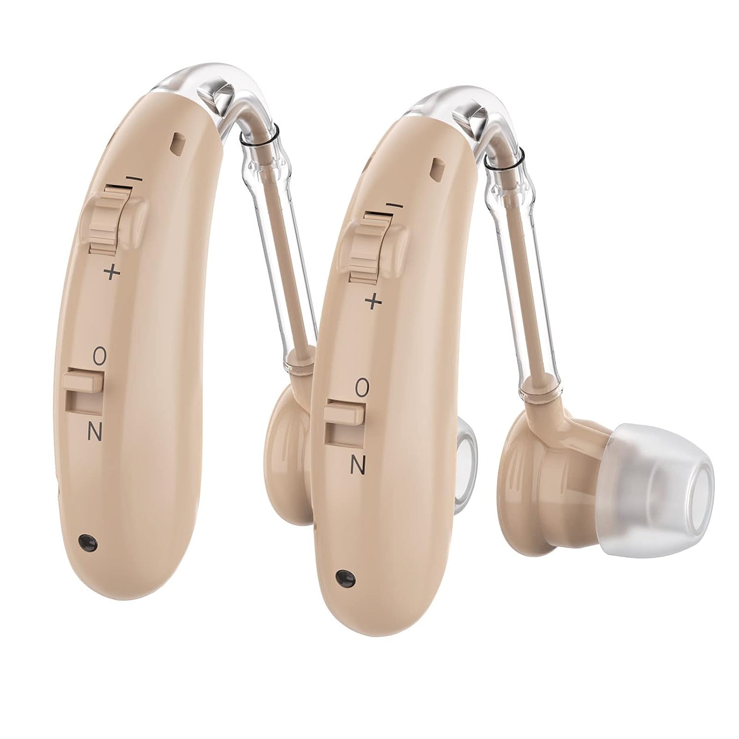 image of a rechargeable hearing aid with noise canceling technology for seniors and adults with hearing loss, in-ear design with volume control