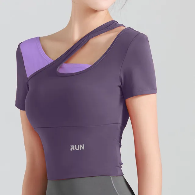Peach Slanted Shoulder Color Matching Yoga Short sleeved Purple - Shop at LoveMi