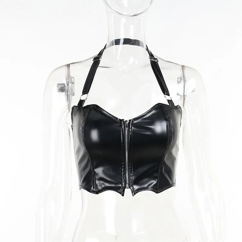 Sexy Spicy Girls' Umbilical Open Zipper Tight Back Strap - Black