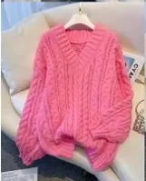 Women's V neck Sweater Loose Thick Twist Coat Rose - Shop at LoveMi