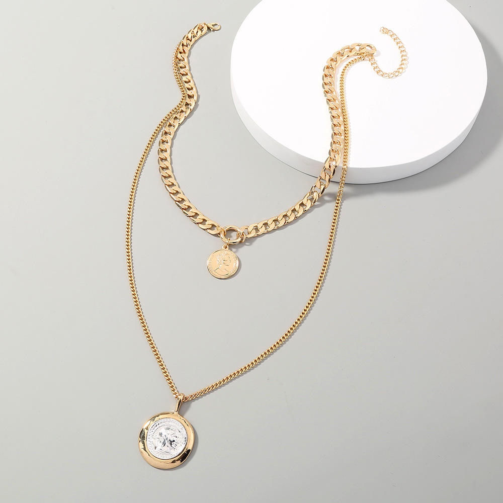 Round Portrait Embossed Pendant Double Necklace