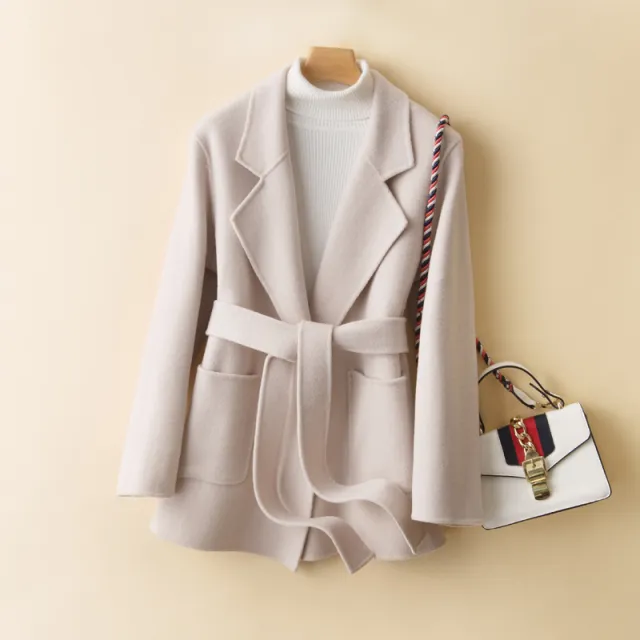 Pure Wool Double faced Cashmere Slim fit Small Woolen Coat Beige - Shop at LoveMi