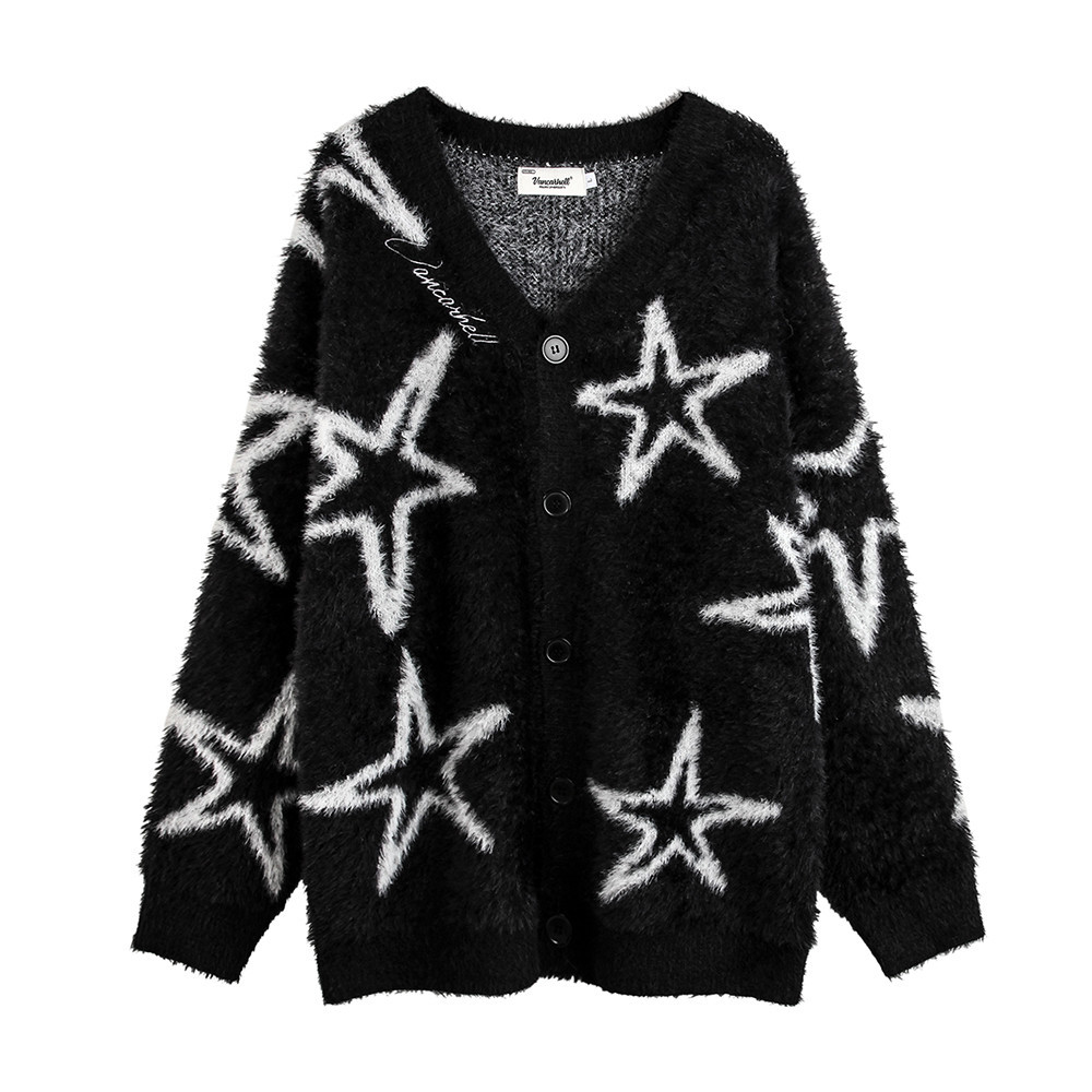 Title 2, Five-pointed Star Full Print V-neck Knitted Car...