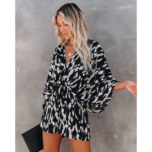 V Neck Doll Sleeve Bodysuit Casual Loose Lace Up Jumpsuit Women Black - Shop at LoveMi