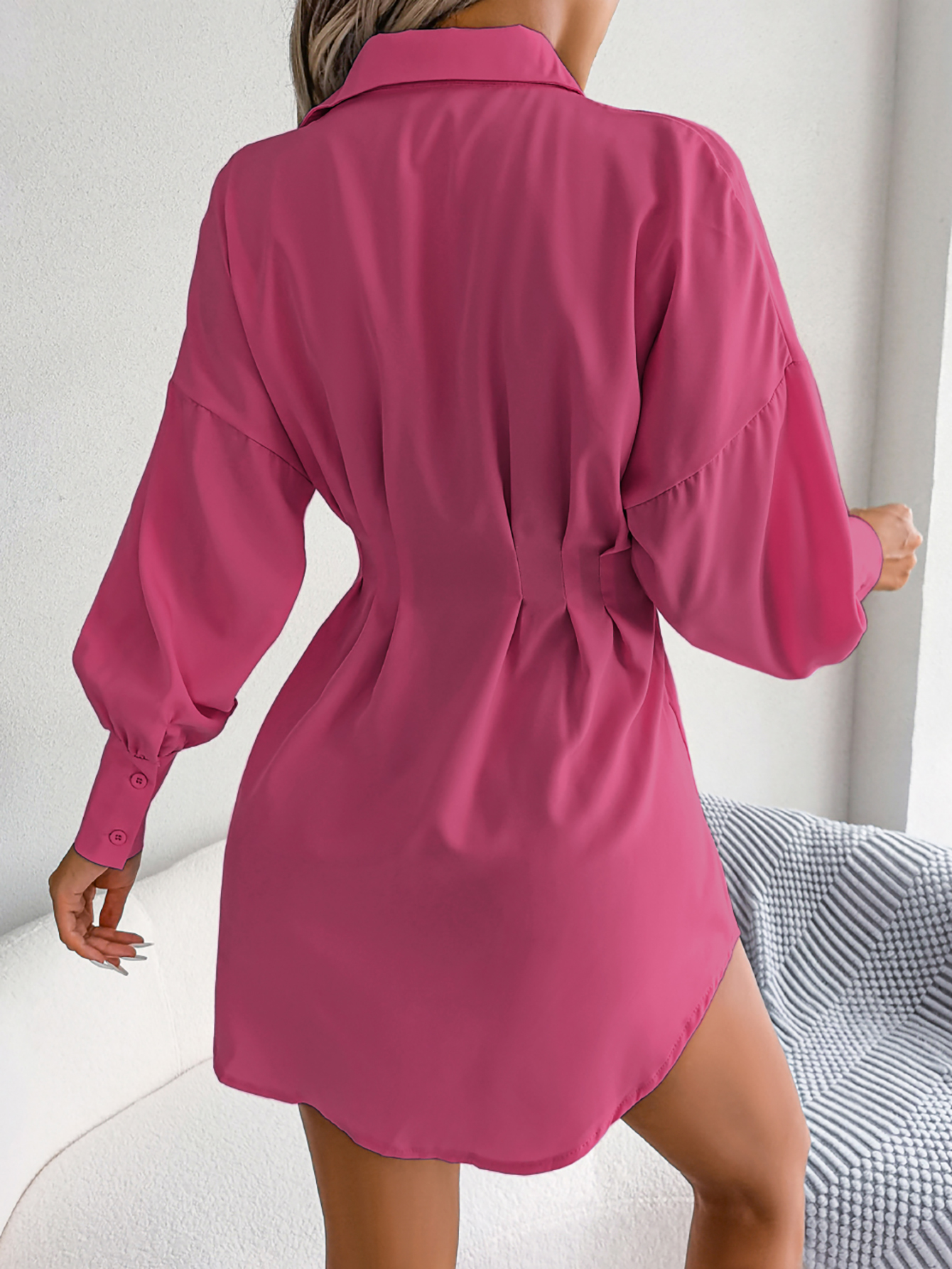 Women  Casual Lantern Sleeve Tie Waist Asymmetric Shirt Dress