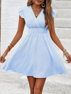 Women's Mini Dress V Neck Flutter Sleeve Striped Smocked Waist A Line Short Summer Dress - Blue - View 1