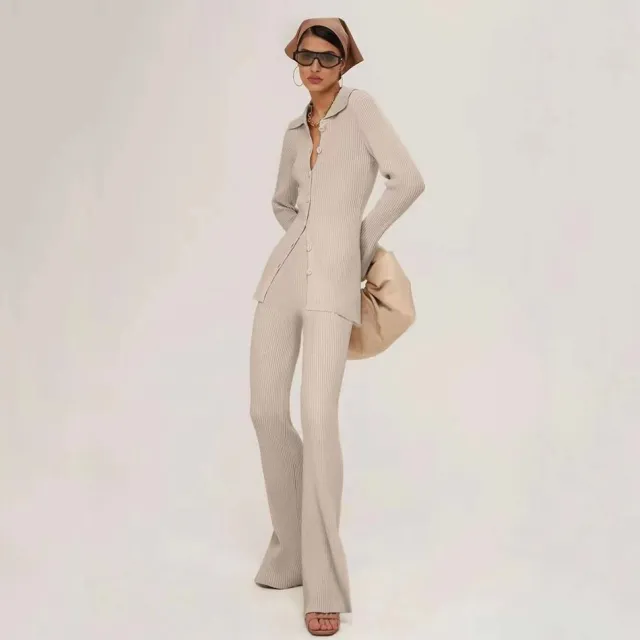 Autumn And Winter Cardigan Sweater And Wide Leg Pants Suit Apricot - Shop at LoveMi