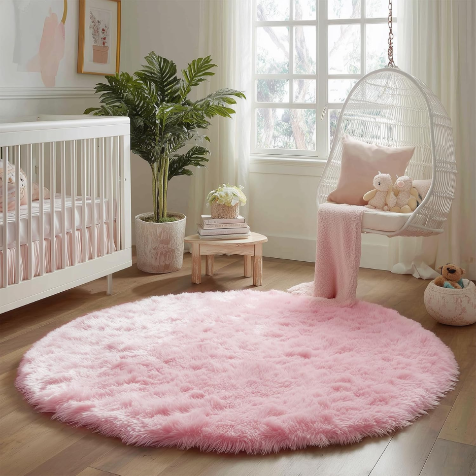 Circle Round Fluffy Area Rug 4Ft For Girls Bedroom Kids Room 5