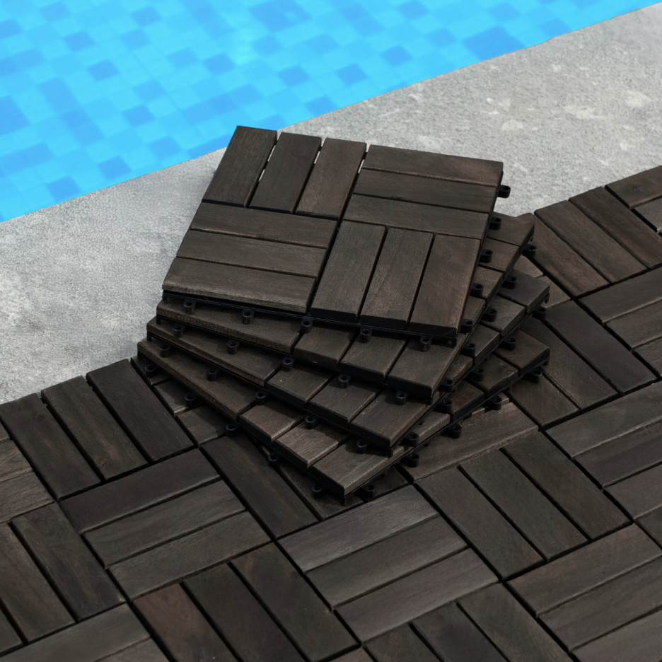 Acacia Wood Interlocking Deck Tiles Checker Pattern, 30 PCS 12inch X 12inch Dark Brown Square Acacia Hardwood Outdoor Flooring For Patio, Bancony, Pool Side