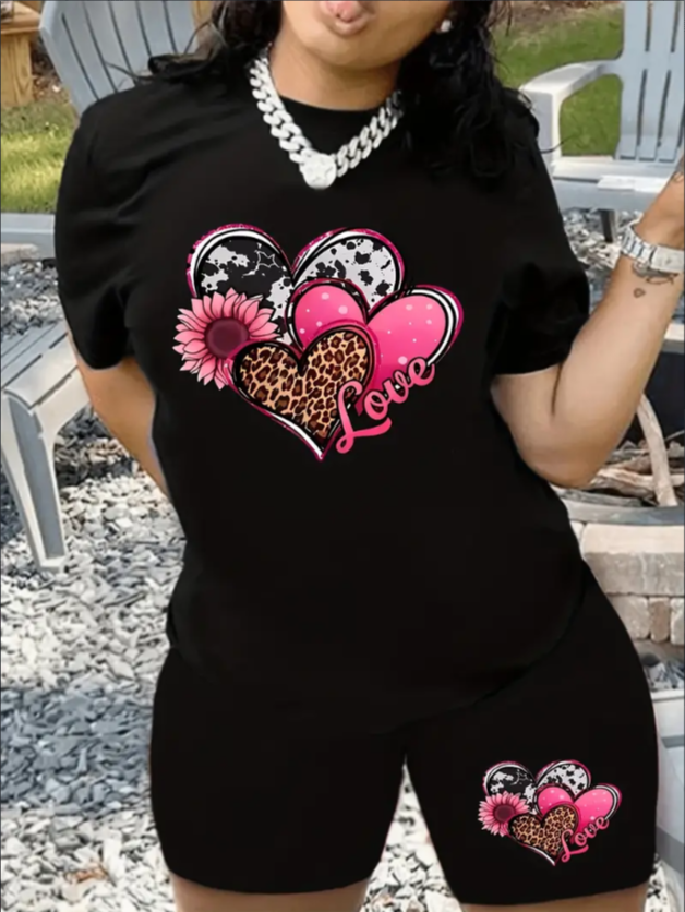 Plus Size Women's Casual Love Heart Print Two Piece Set Black Crew Neck Short Sleeve Tee & Shorts With Leopard, Floral & Letter Design, Machine Washable, Comfortable Clothing Black - Shop at LoveMi