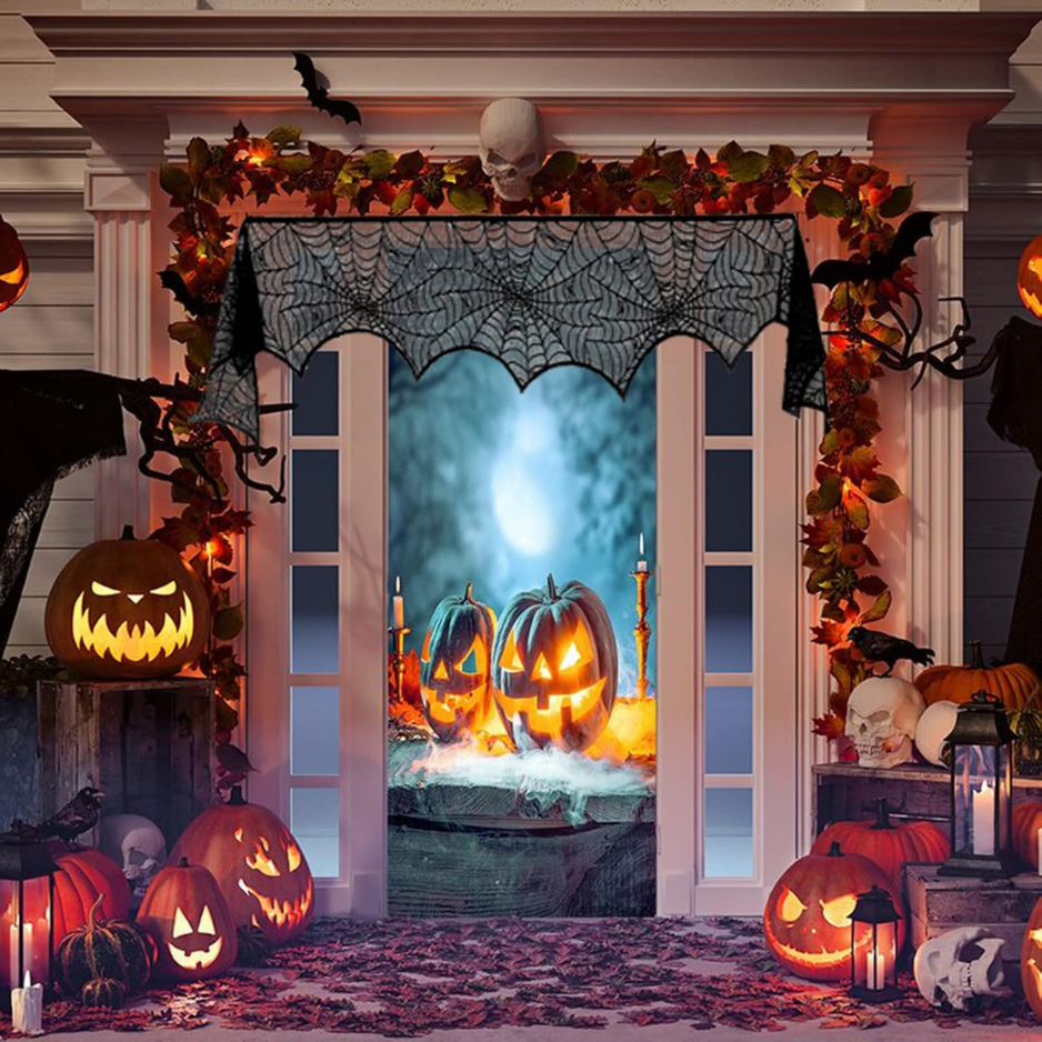 Halloween Black Lace Spiderweb Fireplace Mantel Scarf, Gothic Decor 4