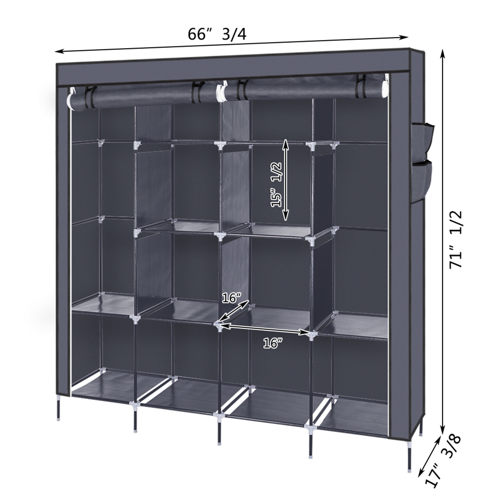 67 Inch Clothes Closet Portable Wardrobe Clothes Storage Rack 12 Shelves 4 Side Pockets Gray