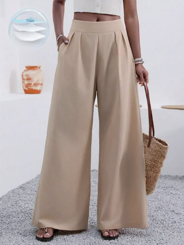 Solid Color Loose Wide Leg Elegant Pants With Pocket Khaki - Shop at LoveMi