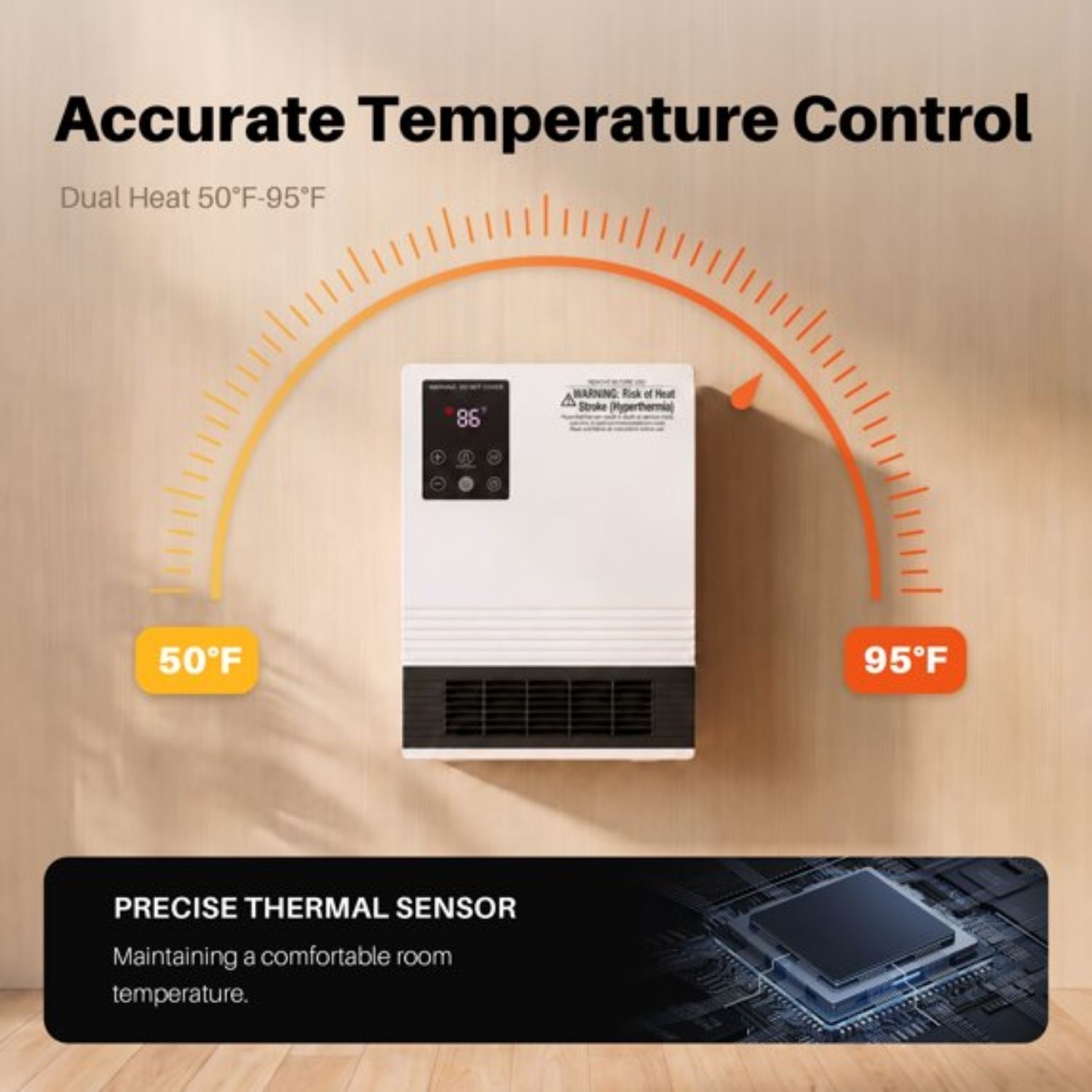 Wall Heater, Touchscreen, Remote Control, Adjustable Thermostat, 15-Hour Timer, Dual Heat Settings, Overheat Protection, Child Lock image 15