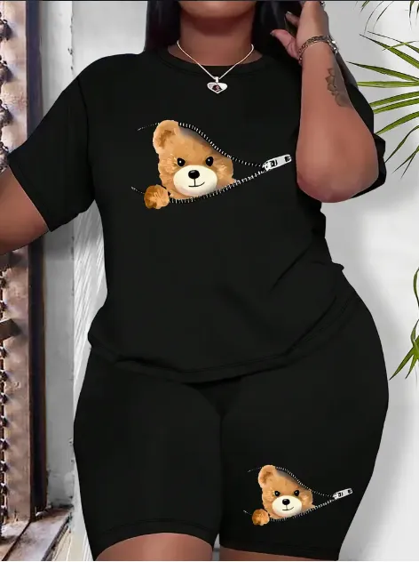 Plus Size Women'S Casual Zippered Bear Print T Shirt And Shorts Set, Medium Stretch, Spring Summer Fall Fashion Outfit Black - Shop at LoveMi