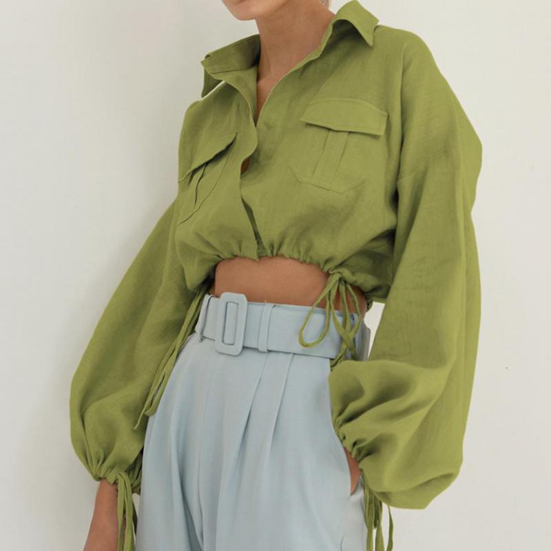 Pleated Waist Lantern Long-sleeved Lace Crop Top