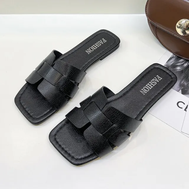 Women's Fashion Leather Outer Wear Square Head Sandals Black - Shop at LoveMi