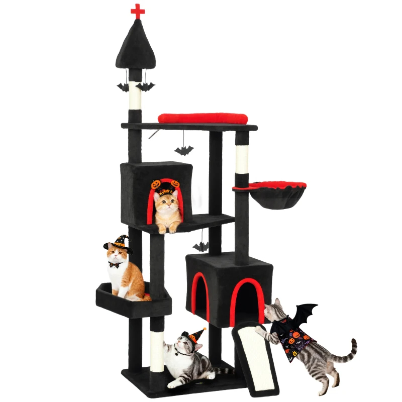 Gothic Cat Tree, Cat Tower With Coffin Bed, 2 Spacious Condos, Sisal Scratching Posts, Bat Hanging Balls, Halloween