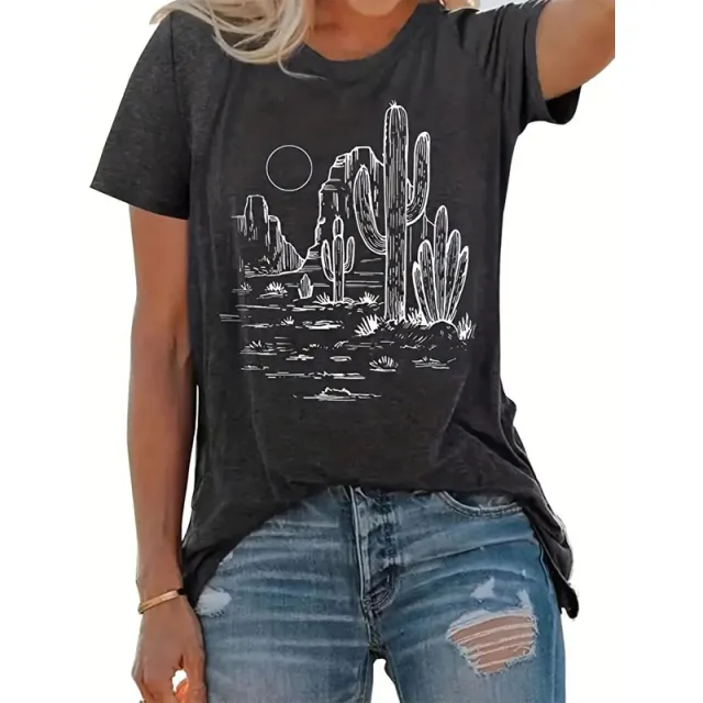 Women's Cactus Graphic Print Casual Crew Neck Short Sleeve T shirt Dark Gray - Shop at LoveMi