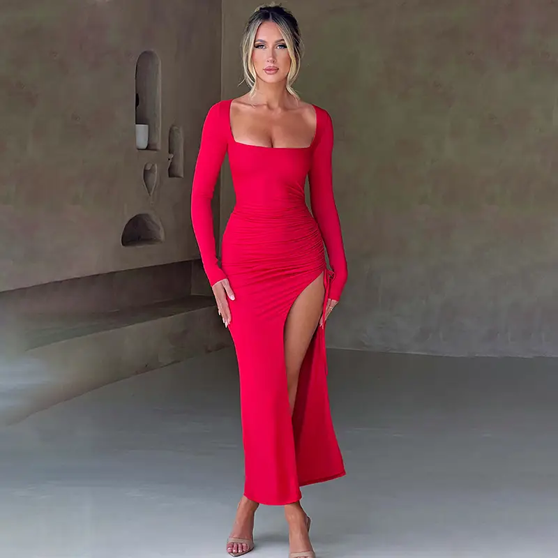 Woman Square-neck Split Long Sleeve Stitching Drawstring Design Long Dress