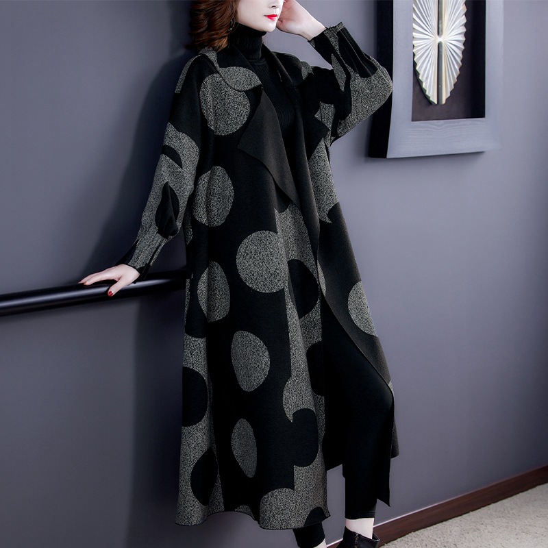 Women's Polka Dot Mid-length Large Lapel Coat Jacket