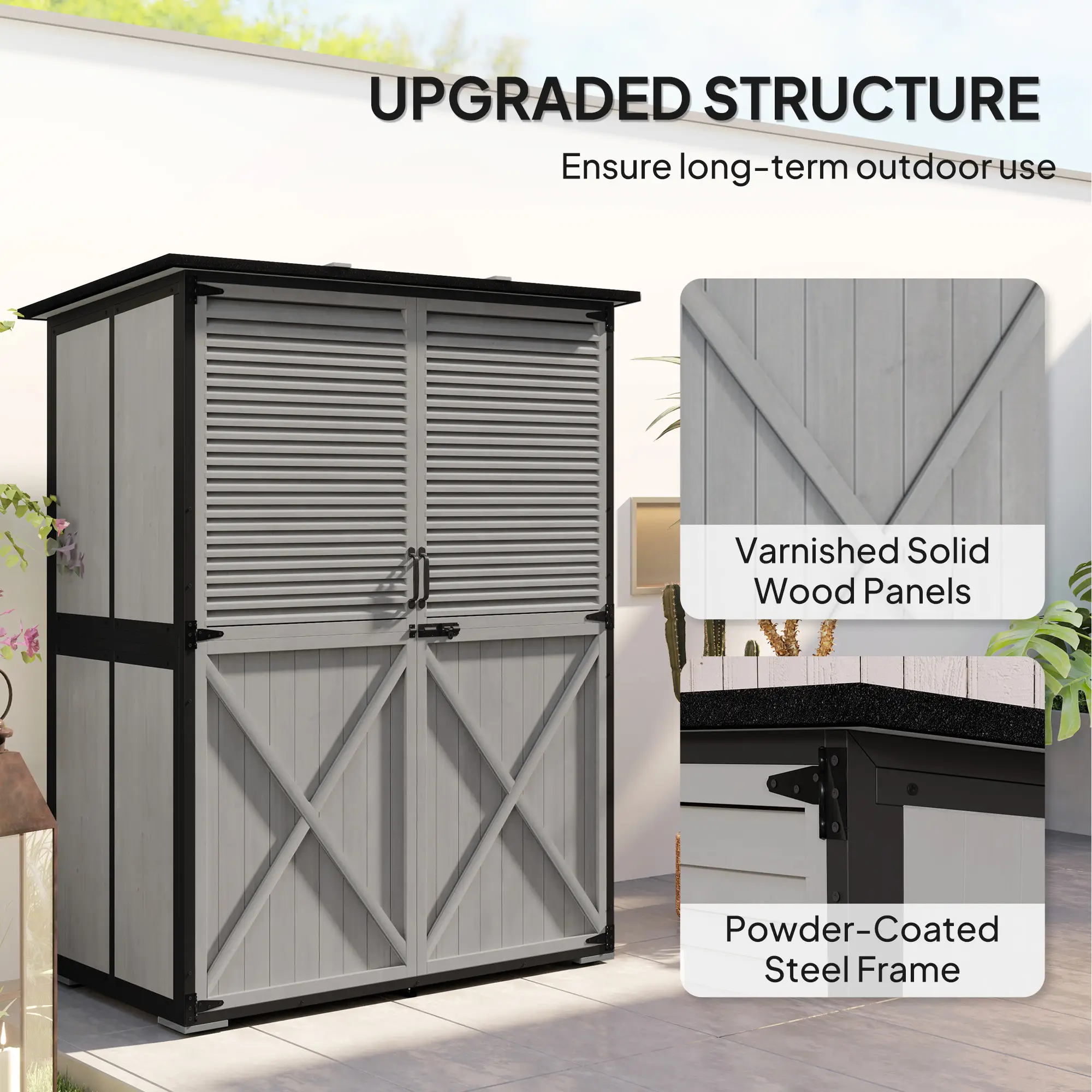Wood Storage Shed, Outdoor Garden Shed With Asphalt Roof, 2 Shelves, Lockable Doors And Adjustable Feet, Gray